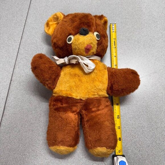 Vintage Unbranded Mohair Antique Brown & Yellow Plush Stuffed Bear Toy w/ Ribbon - Picture 5 of 7